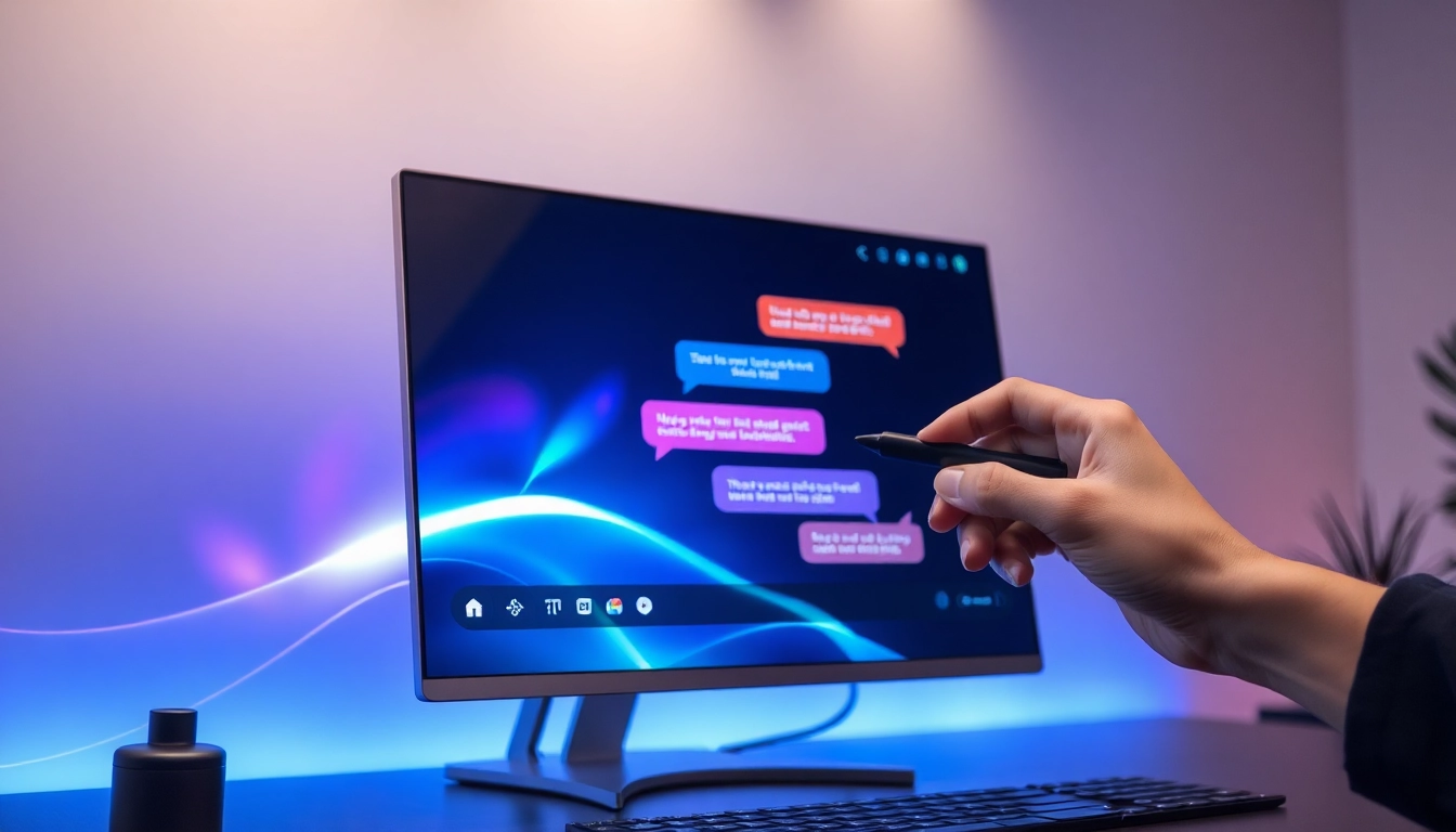 An illustration of a modern digital chat interface with colorful conversation bubbles, set in a sleek workspace with ambient lighting.