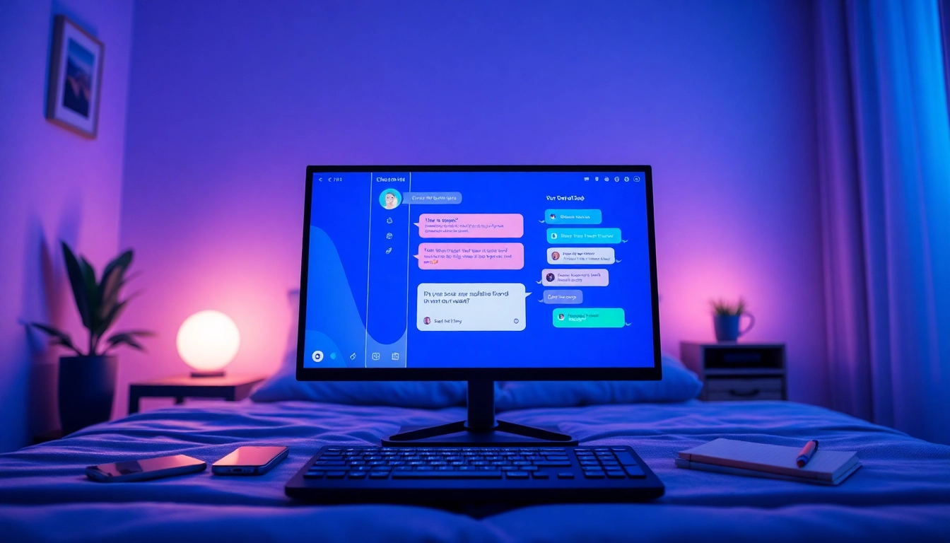 A modern digital device showing a chatbot conversation with customizable AI characters in a cozy, tech-inspired setting.