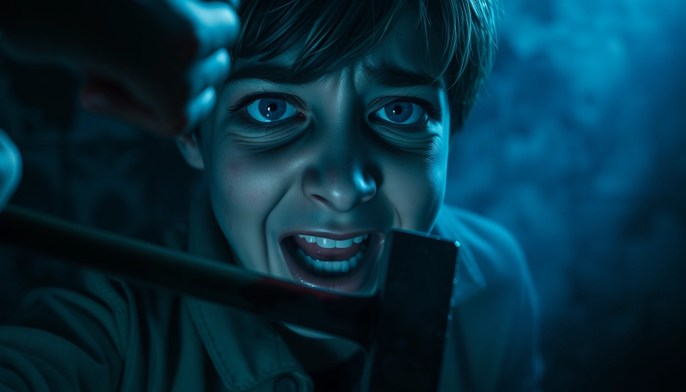 A distressed Harvey with a fearful expression, holding a bloody hammer in a dark, tense scene.