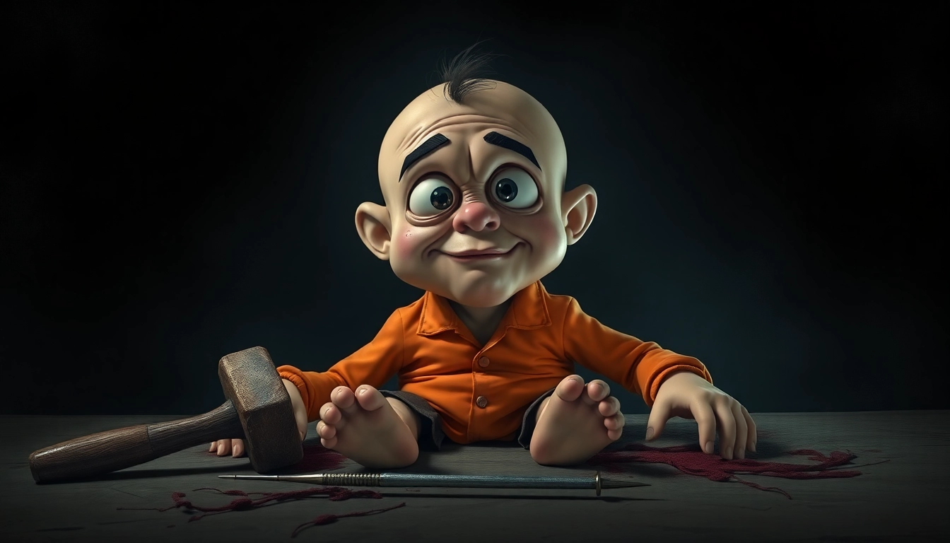 An unsettling illustration of Harvey, a cheerful cartoon character, in a dark room with violent tools nearby, highlighting the contrast between innocence and suffering.