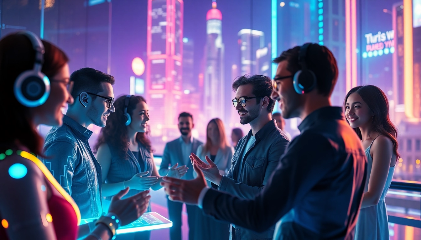 Futuristic virtual environment with diverse AI characters engaged in conversation with holographic interfaces and neon-lit cityscape background.
