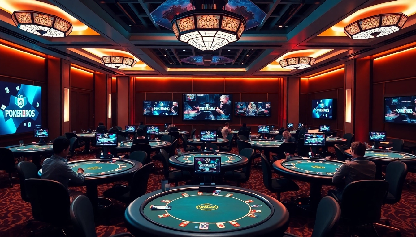 Engaging scene of players enjoying fast-paced Pokerbros clubs in a lively online poker environment with multiple tables and digital screens.