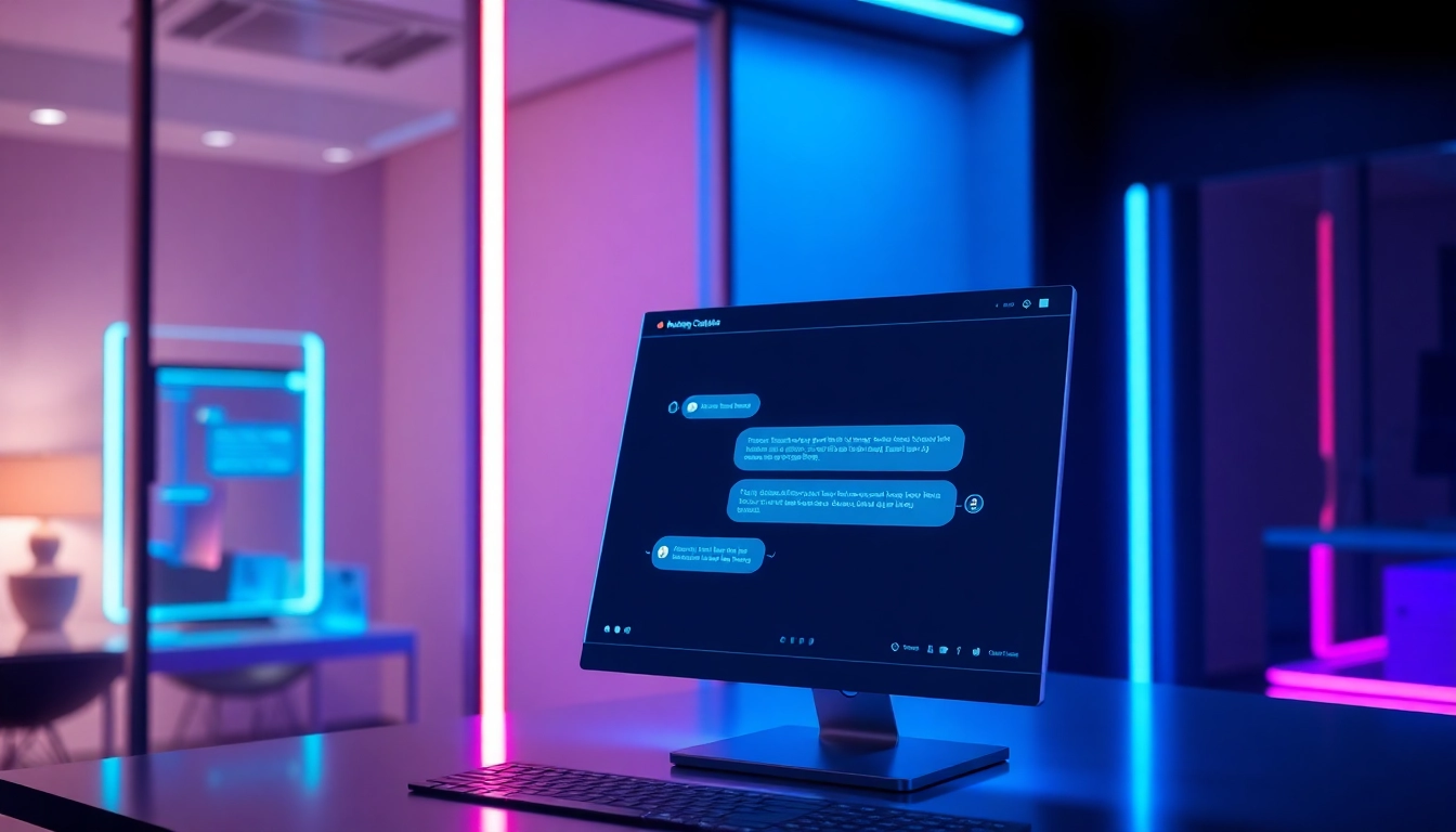 Futuristic digital chat interface with neon lighting and holographic elements