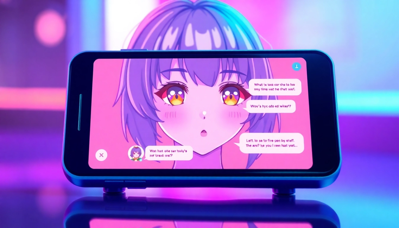 Anime-inspired female character interacting with a futuristic chat interface on a digital device.
