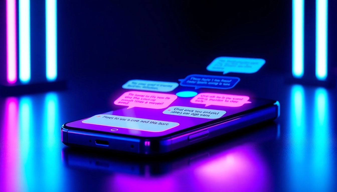 A futuristic AI chat app on a smartphone with neon colors and suggestive conversation bubbles.