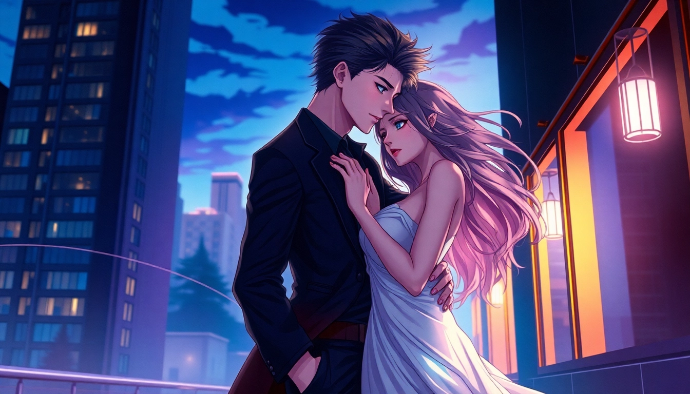 An artistic depiction of an alpha and omega character in a cityscape at dusk, highlighting contrasting personalities and atmosphere.