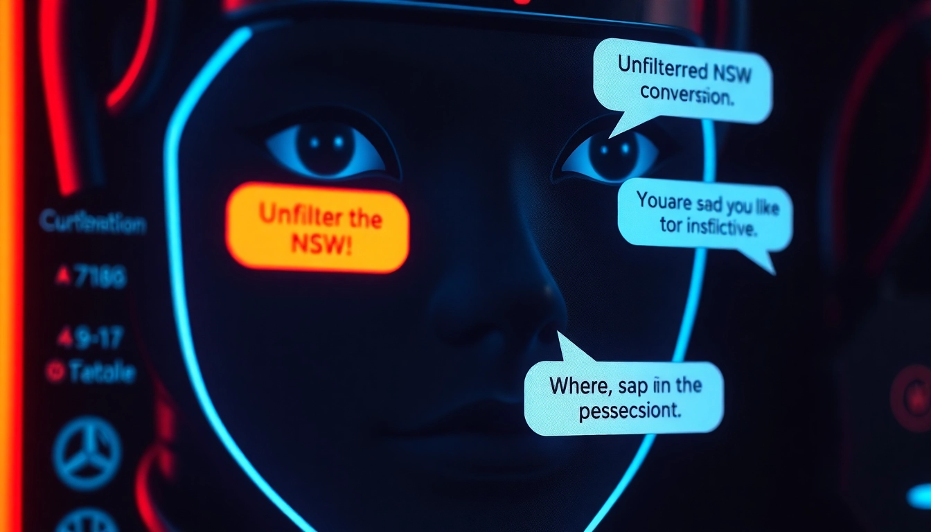 Engaging NSFW AI chat scene showcasing an AI chatbot with a dark, neon-lit interface facilitating unfiltered, spontaneous adult conversations for digital intimacy.